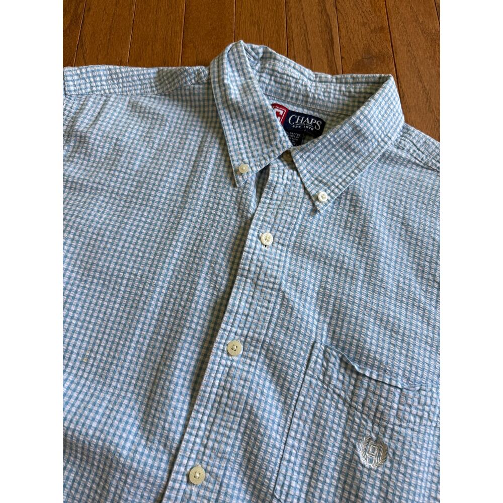 Chaps | Blue/White Gingham Men’s Short Sleeve Button Down Preppy Shirt Summer- L